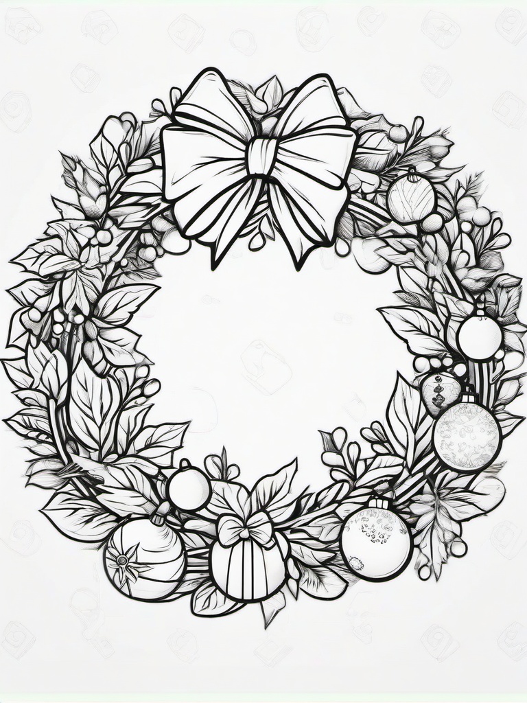 Christmas Wreath Coloring Pages - Green Decoration with Bows and Ornaments  minimal black outline printable sheet, coloring page