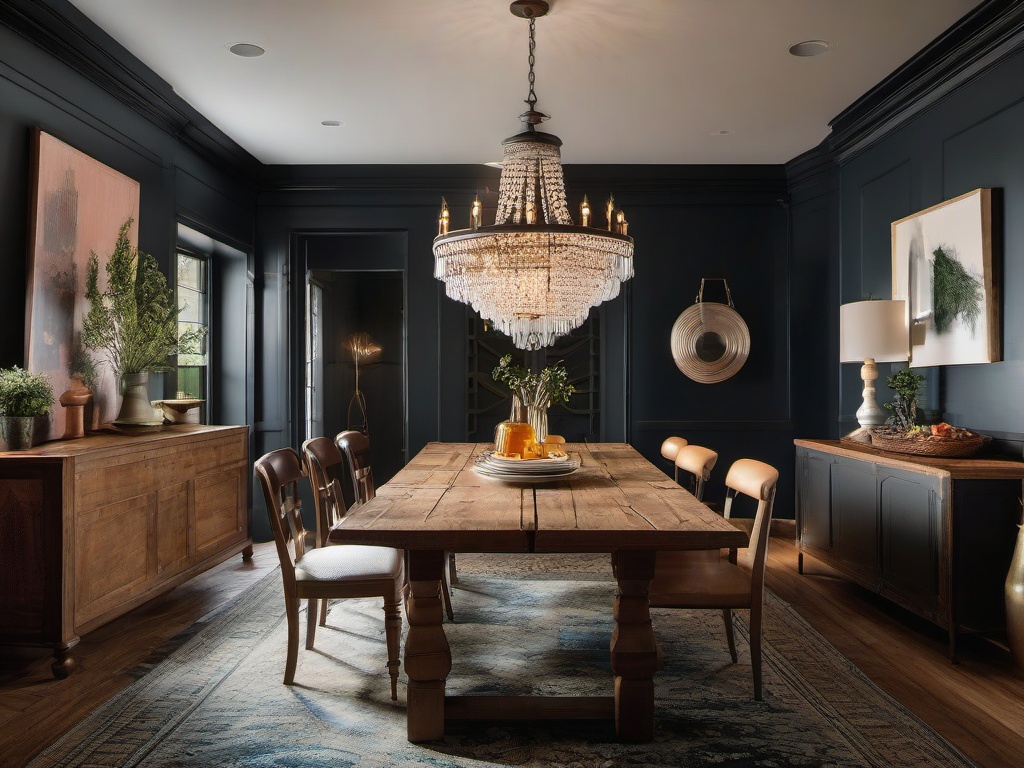 The dining room embodies vintage interior design with a rustic wooden table, mismatched chairs, and a vintage chandelier that creates an intimate setting for family meals.  