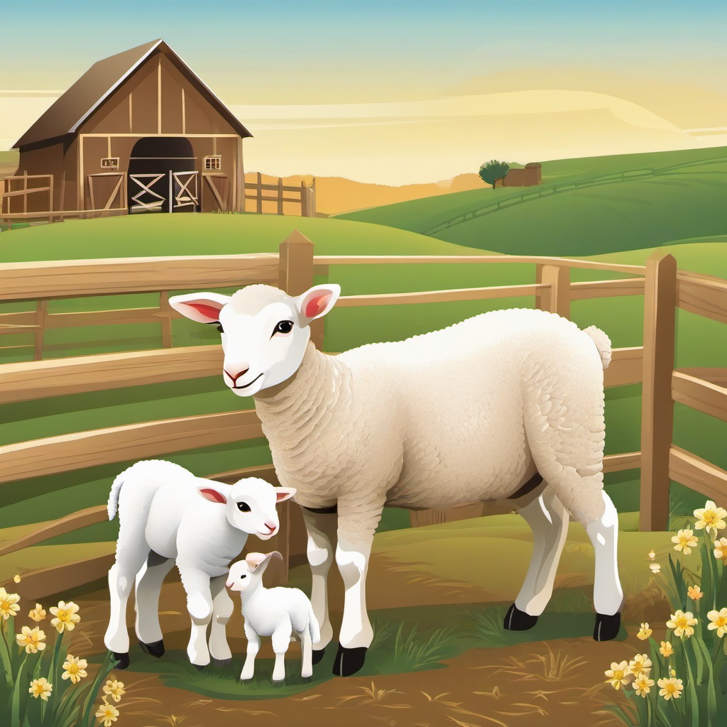 Lamb clipart - lamb with its mother in a farm setting  