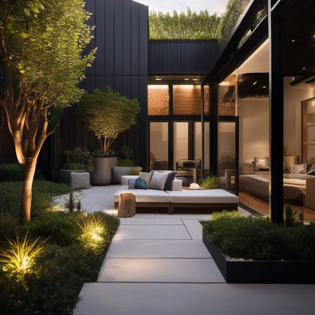 Contemporary Courtyard Escape - Design a contemporary garden courtyard for relaxation. realistic, professional photography, bokeh, natural lighting, canon lens, shot on dslr 64 megapixels sharp focus