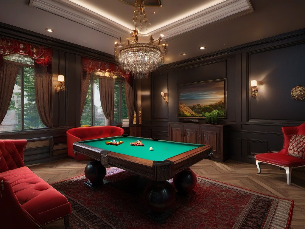 In the gamer room, Russian Revival interior design features comfortable seating, elegant accents, and rich colors that create an immersive environment for gaming adventures.  