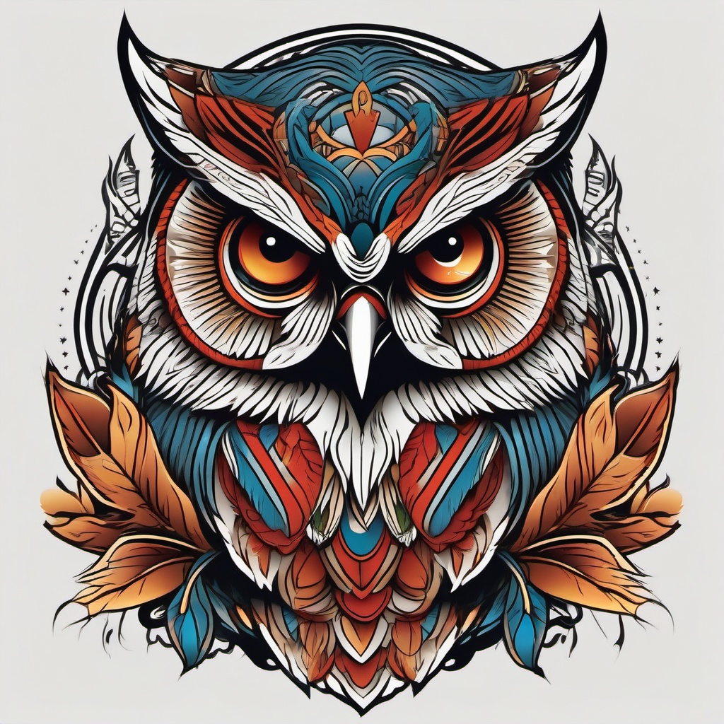 American Traditional Tattoo Owl - Embrace classic American traditional tattoo art with an owl-themed design.  simple color tattoo,vector style,white background