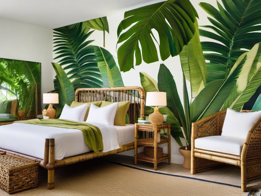 Tropical-themed bedroom with bamboo furniture and palm leaf prints.  