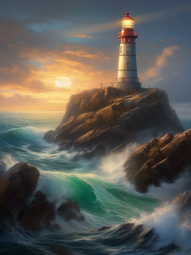 Time-worn lighthouse, perched on a rocky promontory, stands as a steadfast sentinel, guiding ships through treacherous waters with its luminous beacon. hyperrealistic, intricately detailed, color depth,splash art, concept art, mid shot, sharp focus, dramatic, 2/3 face angle, side light, colorful background