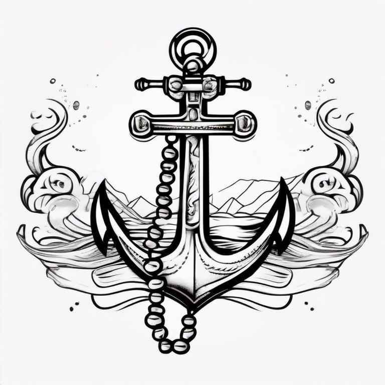 anchor wave tattoo  simple vector with rosary up from anchor  ,tattoo design, white background