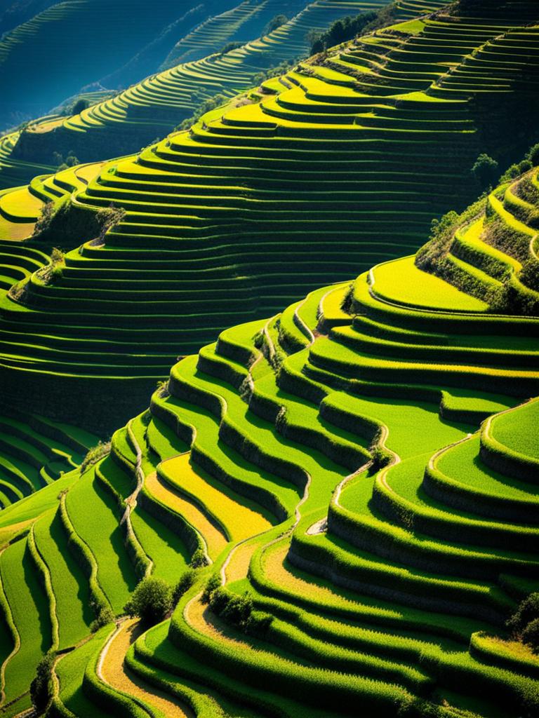 honghe hani rice terraces - imagine a tranquil night in honghe hani rice terraces, with terraced fields cascading down hillsides, reflecting starlight. 