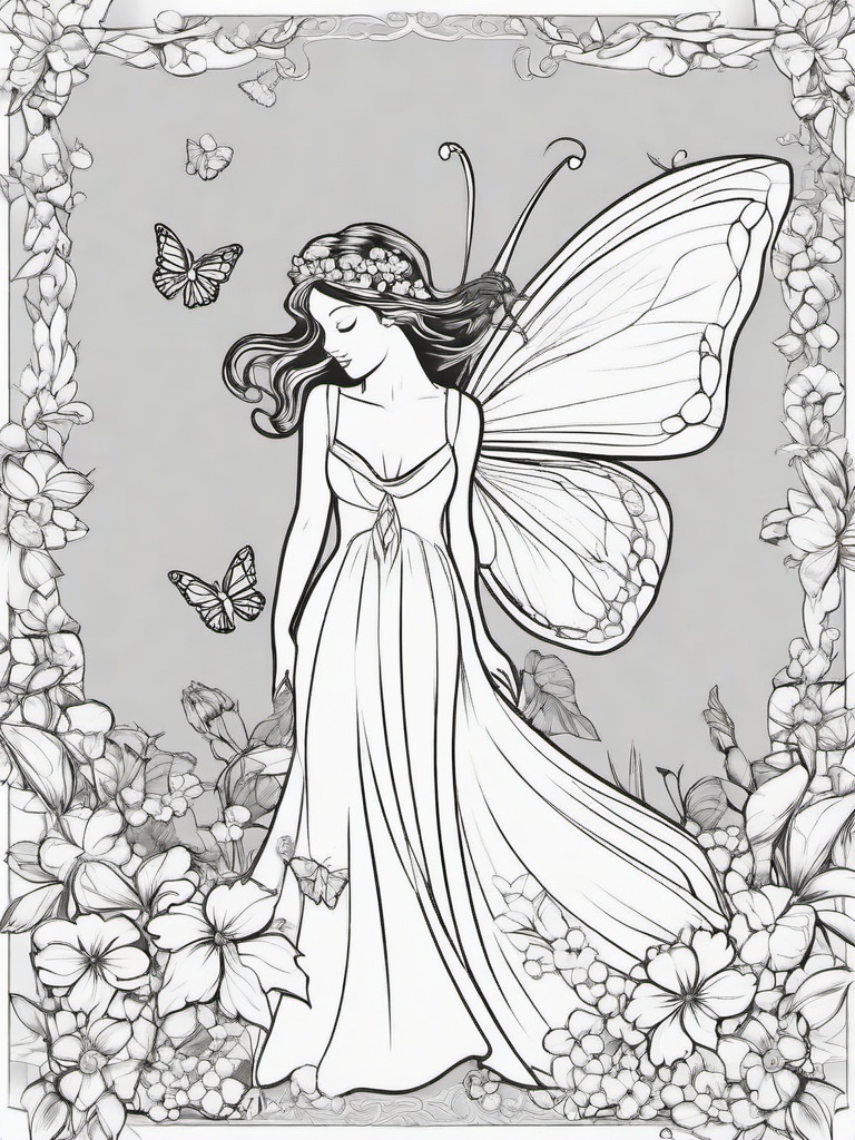 Fairy with a Butterfly Companion Coloring Pages - Fairy Flying Alongside a Beautiful Butterfly  minimal black outline printable sheet, coloring page