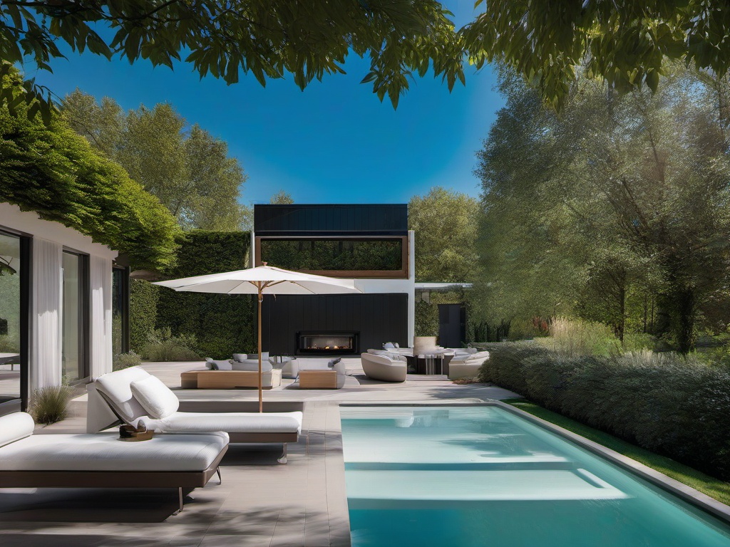 The pool area embraces Bauhaus interior design with contemporary loungers, clean lines, and stylish landscaping that create a sophisticated space for summer enjoyment.  