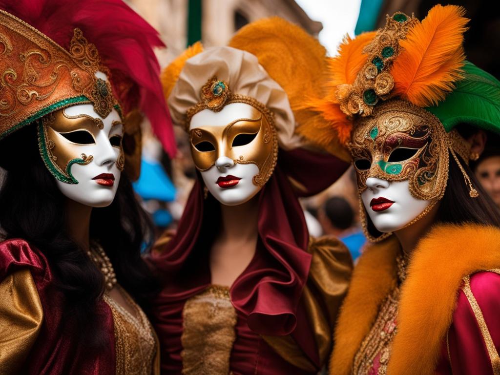 venetian masks, a venetian carnival scene with intricate masks and colorful costumes. 