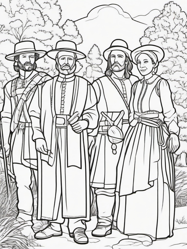 Pilgrim Coloring Pages - Early Settlers in Traditional Attire  minimal black outline printable sheet, coloring page