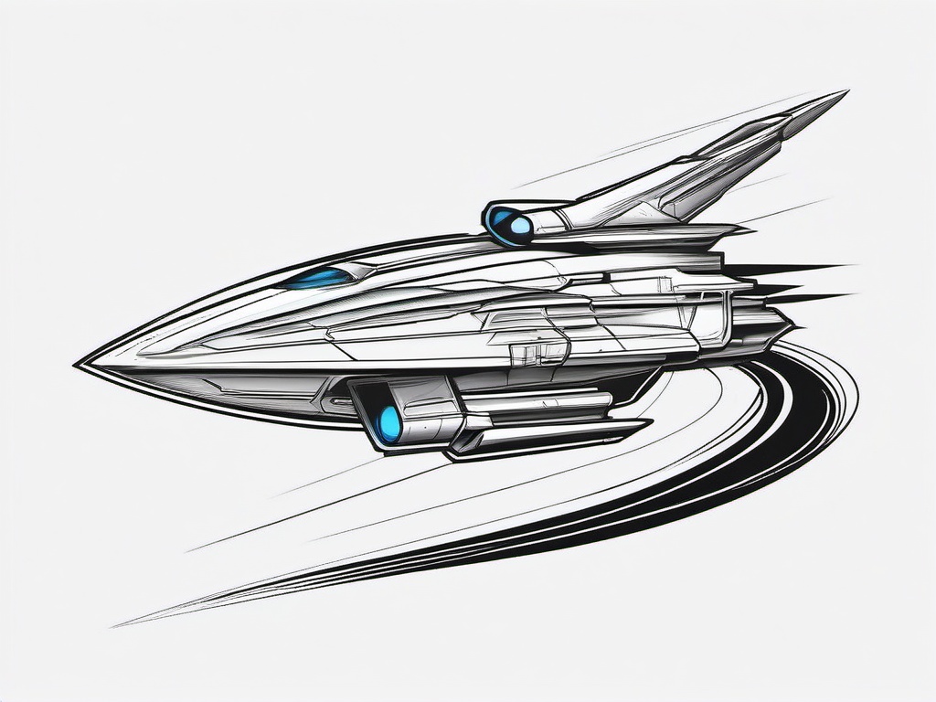 Spaceship Tattoo - A sleek spaceship tattoo embarking on a journey  few color tattoo design, simple line art, design clean white background