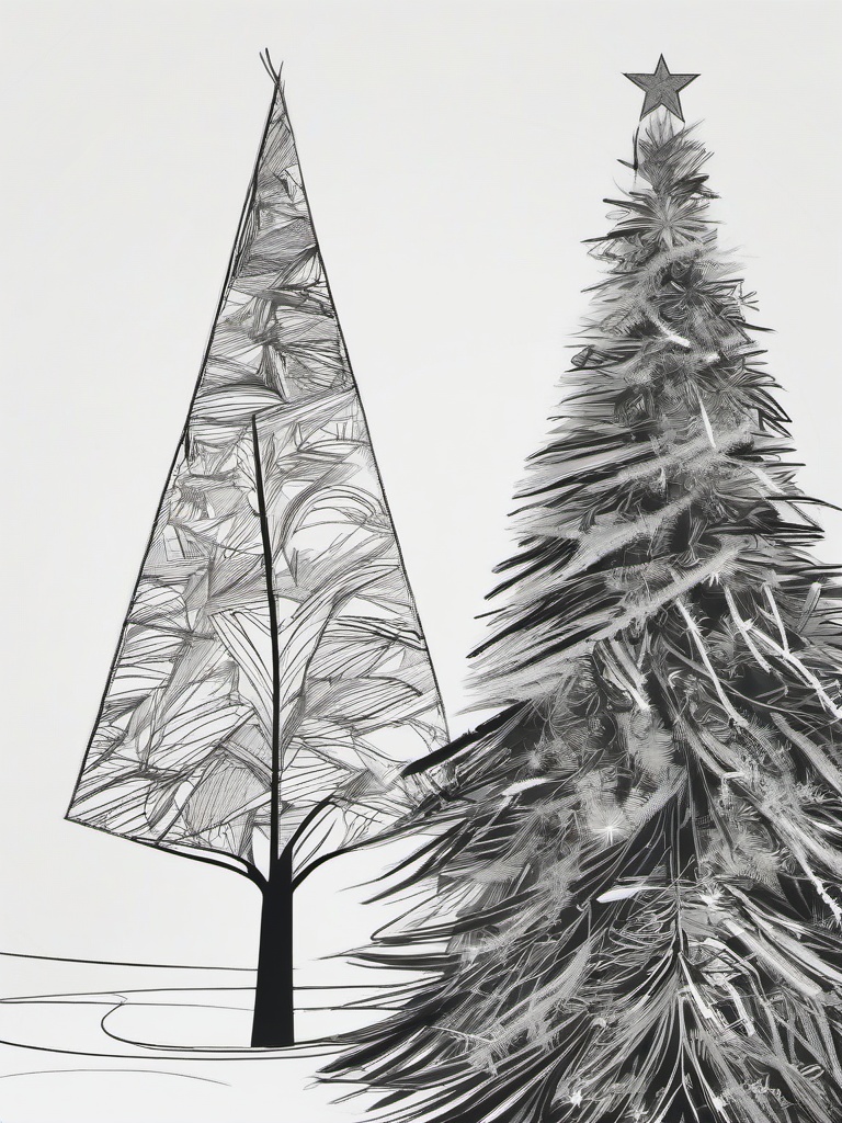 drawing of christmas tree  minimal rough sketch scribbles,doodles,black and white