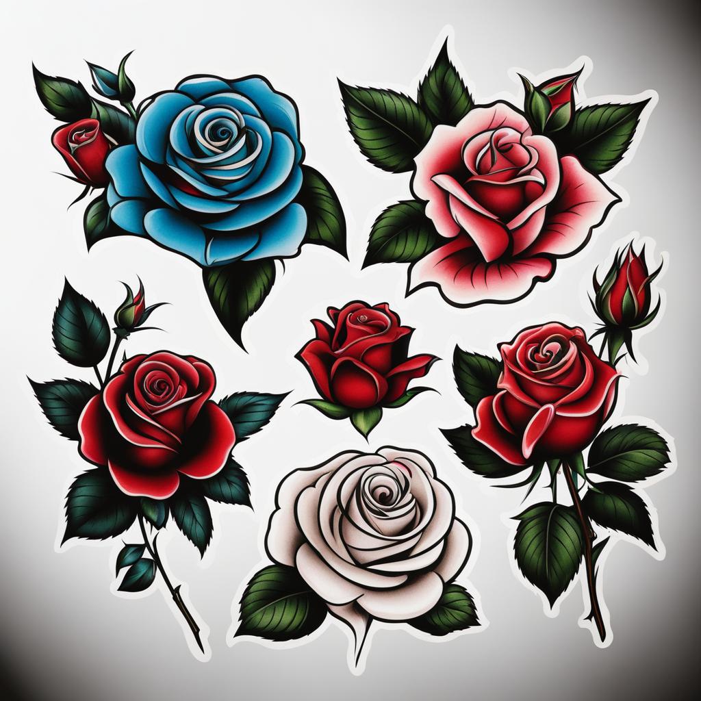 American traditional rose, Classic and timeless rose tattoos created in the American traditional tattoo style.  color, tattoo patterns, white clean background