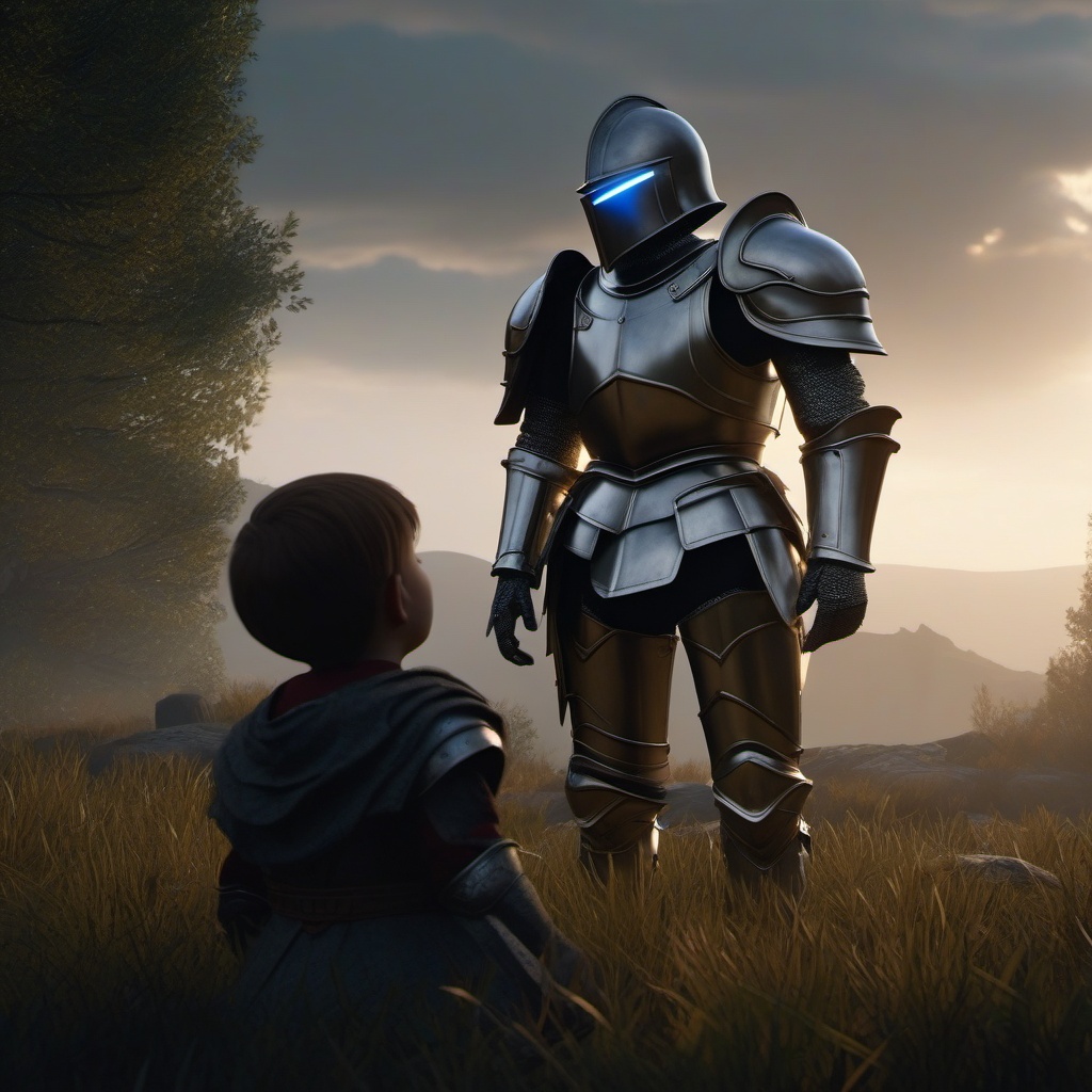 Young knight befriends a sentient suit of armor, discovering the spirit of a fallen hero trapped within.  8k, hyper realistic, cinematic