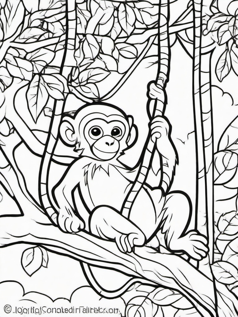 Monkey Coloring Page - Swinging on Trees  black outline printable coloring page