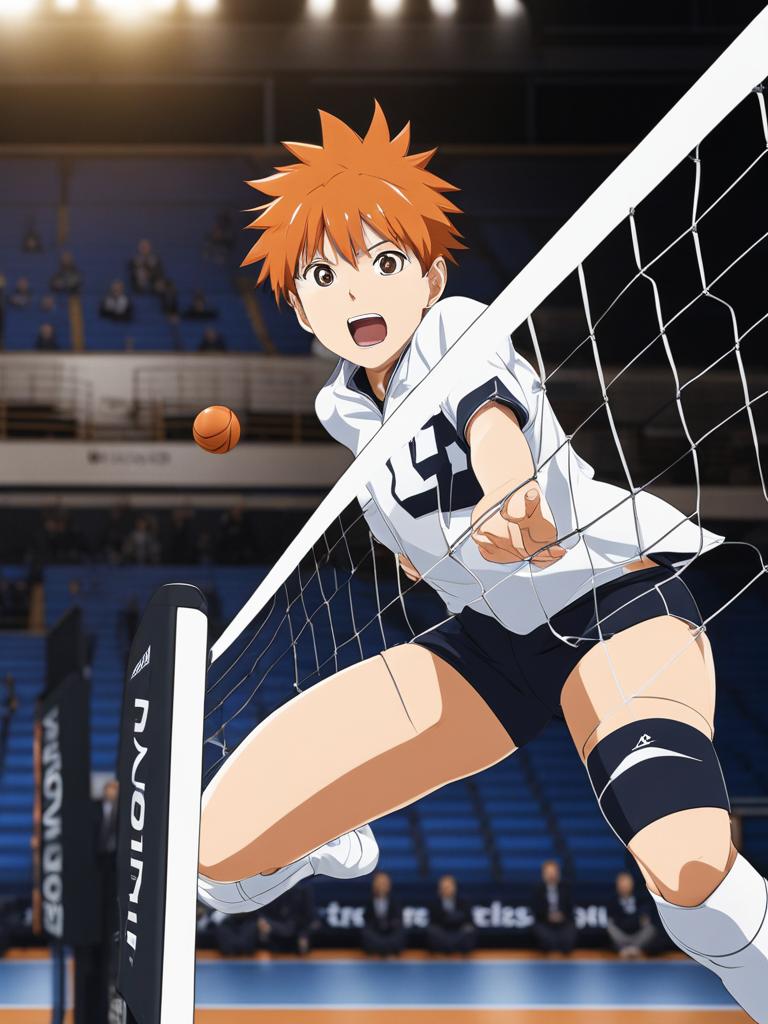 shoyo hinata leaps into the air, spiking a volleyball over a formidable opponent's block. 