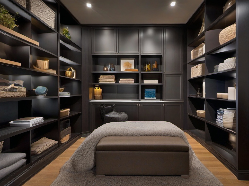 The storage room showcases urban modern interior design with organized shelving, contemporary accents, and a functional layout that maximizes efficiency while maintaining a stylish look.  