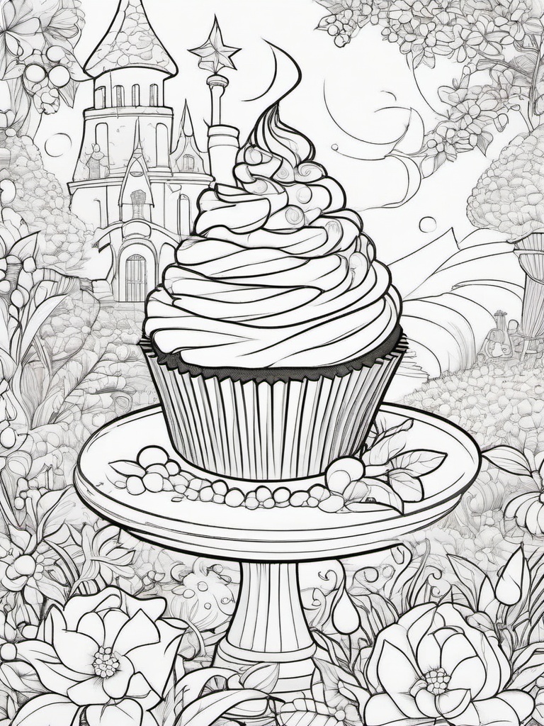 Cupcake Coloring Pages - Cupcake in a magical fairytale setting  simple coloring pages