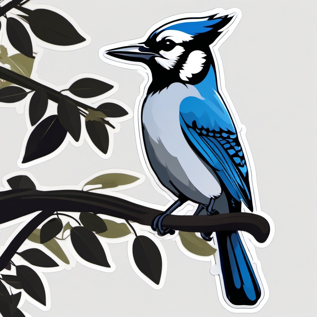 Blue Jay Sticker - A tweeting blue jay perched on a branch, ,vector color sticker art,minimal