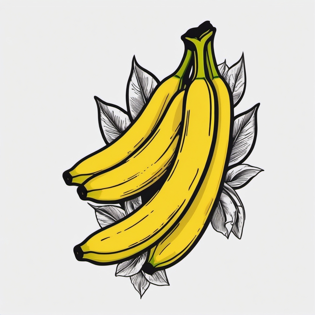 Banana bunch tattoo. Yellow goodness in ink.  black white tattoo style, minimalist design,white background