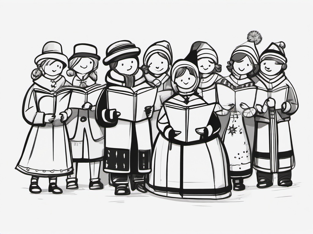 drawing of christmas carolers  minimal rough sketch scribbles,doodles,black and white