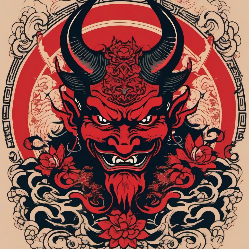 Japanese Tattoo Devil-Creative and cultural tattoo featuring a devil in Japanese style, showcasing traditional and symbolic aesthetics.  simple color vector tattoo