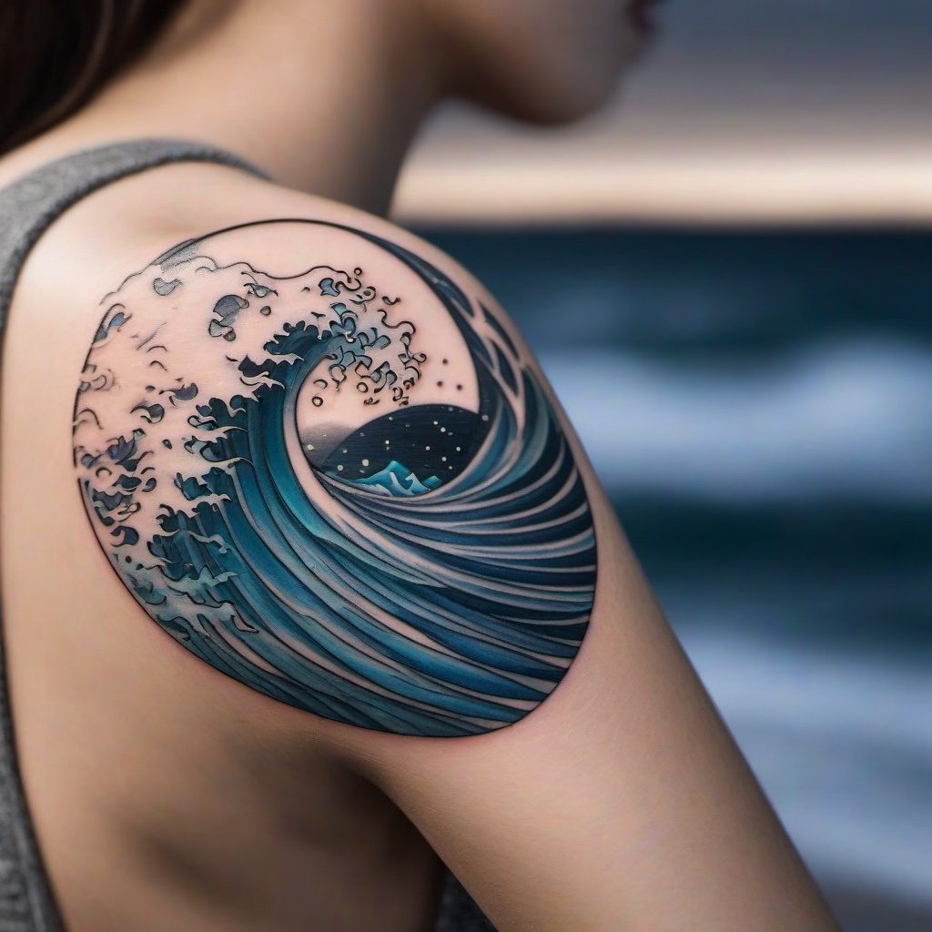 Wave and Moon Tattoo - Features both waves and the moon, symbolizing the interconnectedness of celestial and aquatic elements.  simple tattoo design