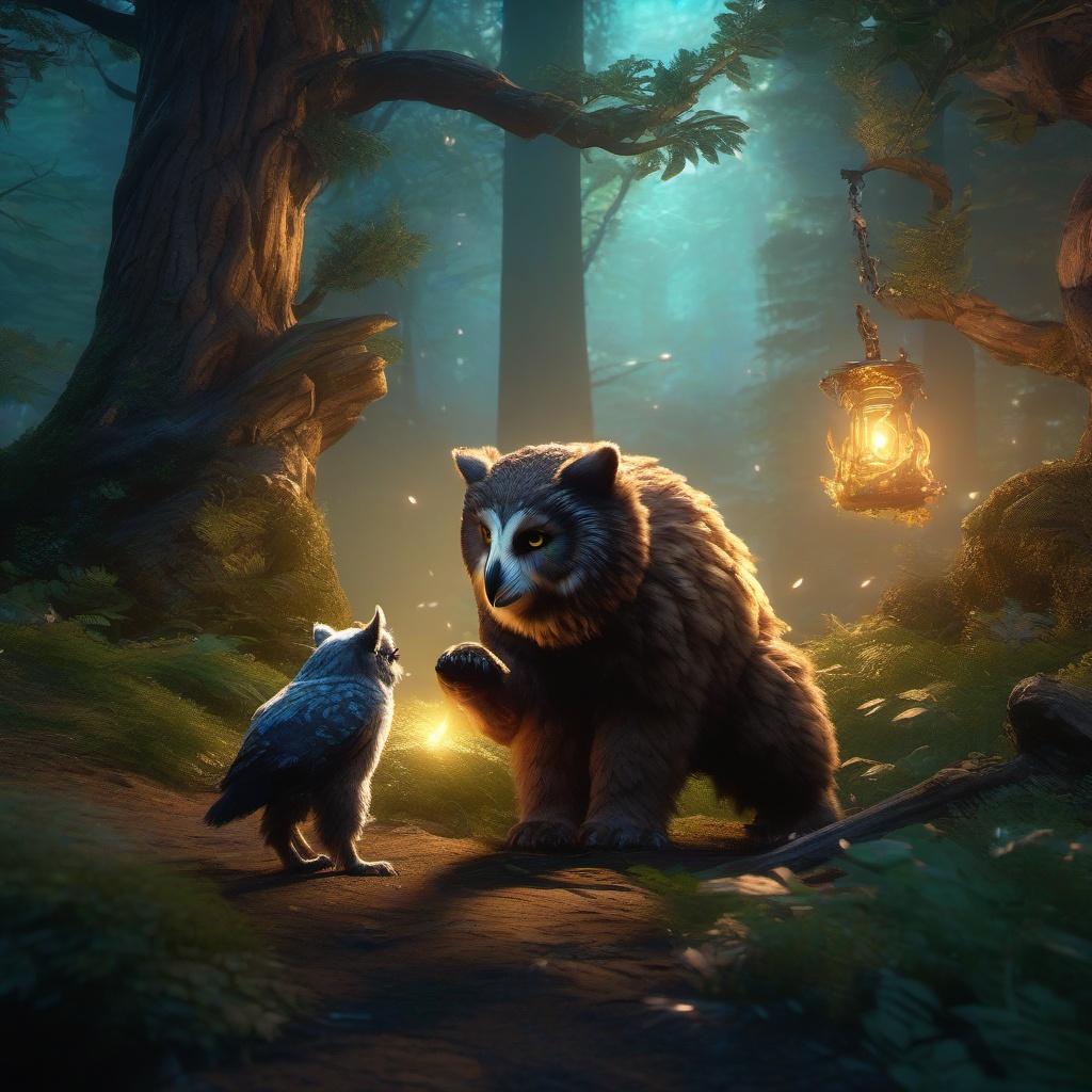 Owlbear Cub Playing with a Druid in an Enchanted Forest detailed matte painting, deep color, fantastical, intricate detail, splash screen, complementary colors, fantasy concept art, 8k resolution trending on artstation unreal engine 5