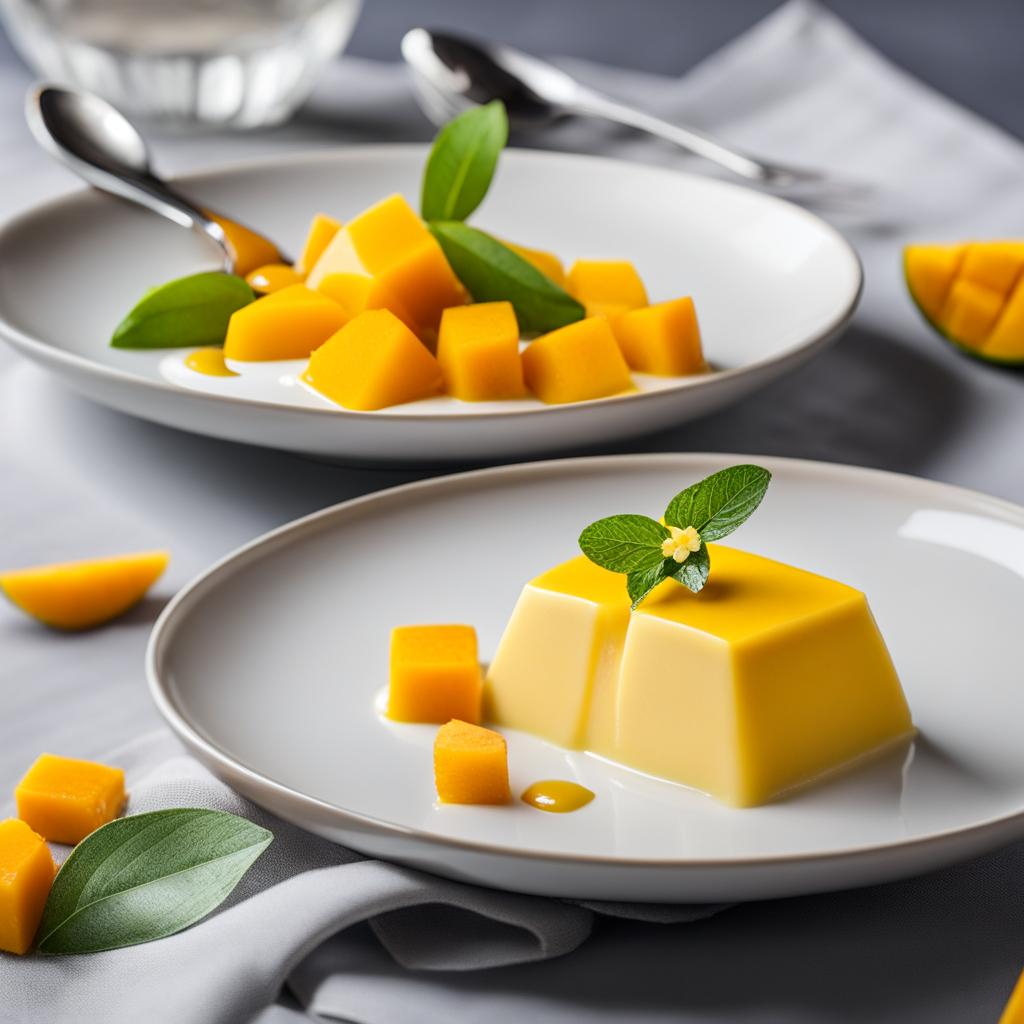 an individual serving of silky mango panna cotta, garnished with fresh mango cubes. 