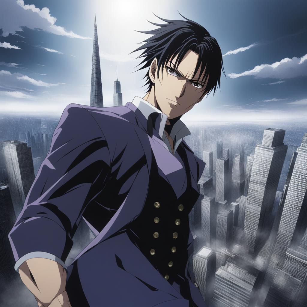 chrollo employs nen abilities in a strategic battle atop a towering skyscraper. 