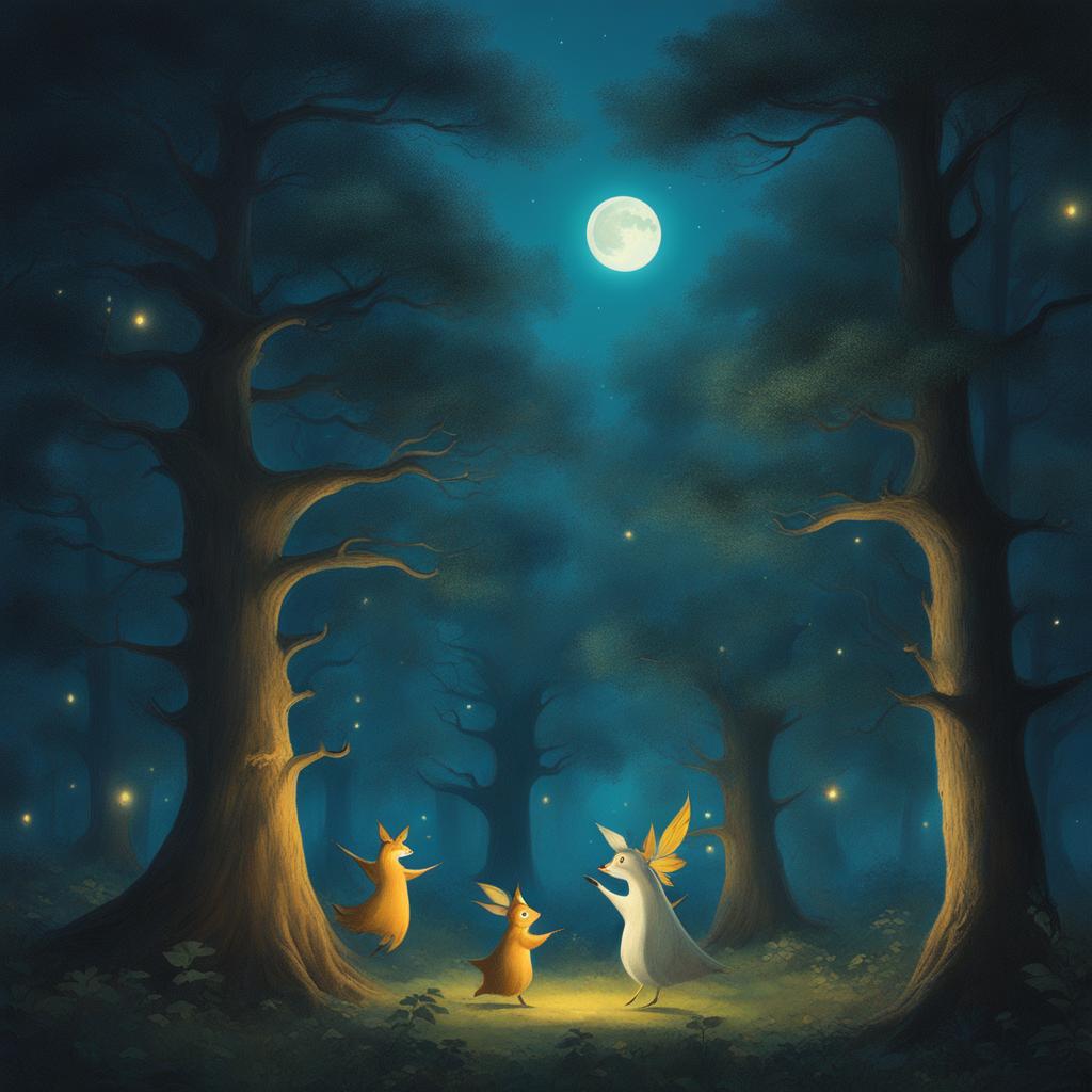 playful forest spirits dancing among towering trees in a moonlit grove. 