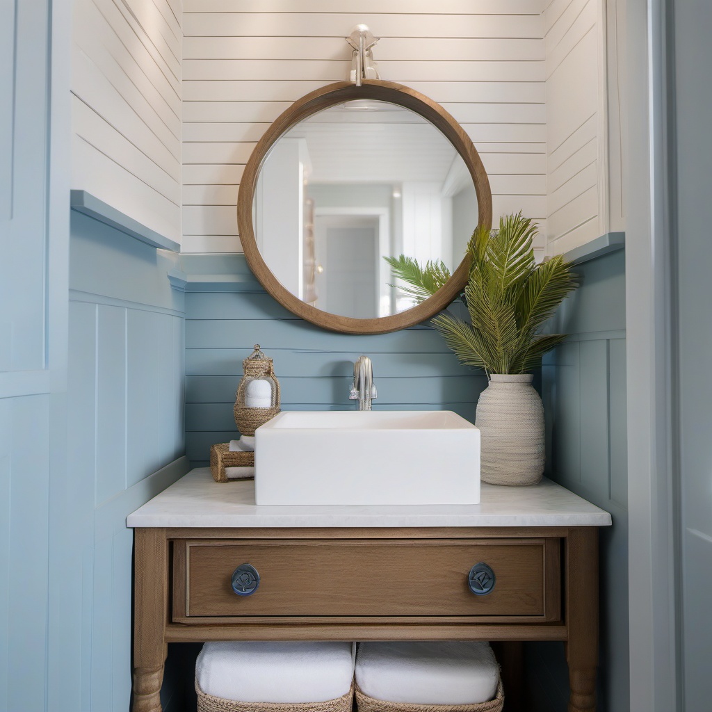 Coastal Powder Room - Coastal vibe to your powder room with nautical decor and soft blues. realistic, professional photography, bokeh, natural lighting, canon lens, shot on dslr 64 megapixels sharp focus