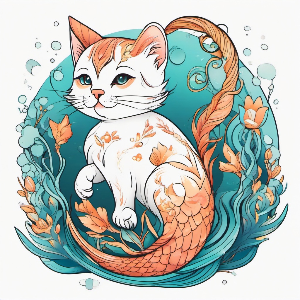 Cat Mermaid Tattoo - Explore whimsical creativity with a unique tattoo featuring a cat-mermaid fusion.  simple vector color tattoo,minimal,white background