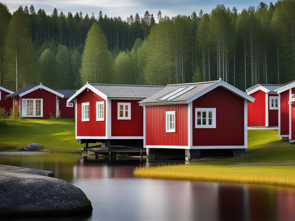 swedish cottages, with red wooden facades, nestle by serene lakes in sweden. 