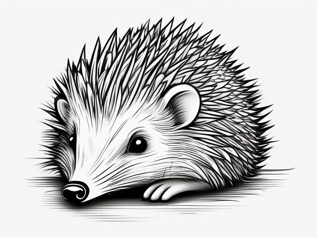 Hedgehog Tattoo - Adorable hedgehog curled up into a spiky ball  few color tattoo design, simple line art, design clean white background