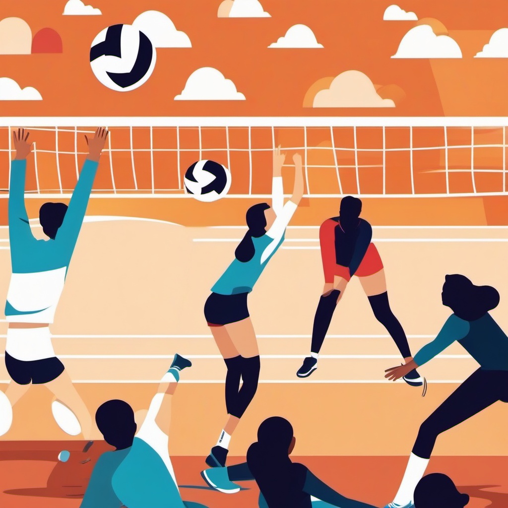 Volleyball Game Clipart - A volleyball game in full swing.  color vector clipart, minimal style