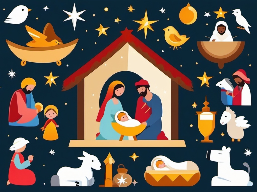 Nativity Christmas clipart, The nativity scene representing the birth of Jesus.  simple, 2d flat