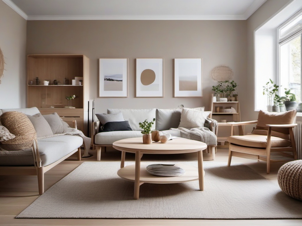 Scandinavian living room blends light wood furniture, cozy textiles, and neutral colors, providing a warm and inviting atmosphere for socializing.  