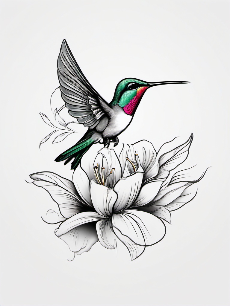 Flower With Hummingbird Tattoo - Hummingbird sipping nectar  minimalist tattoo design, white background