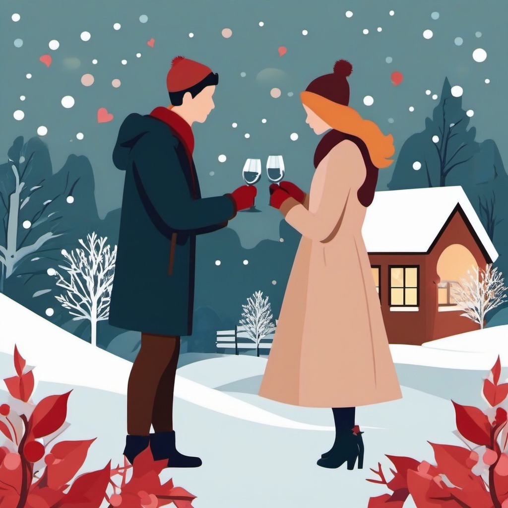 Winter Engagement clipart - Romantic engagement scene in winter, ,vector color clipart,minimal