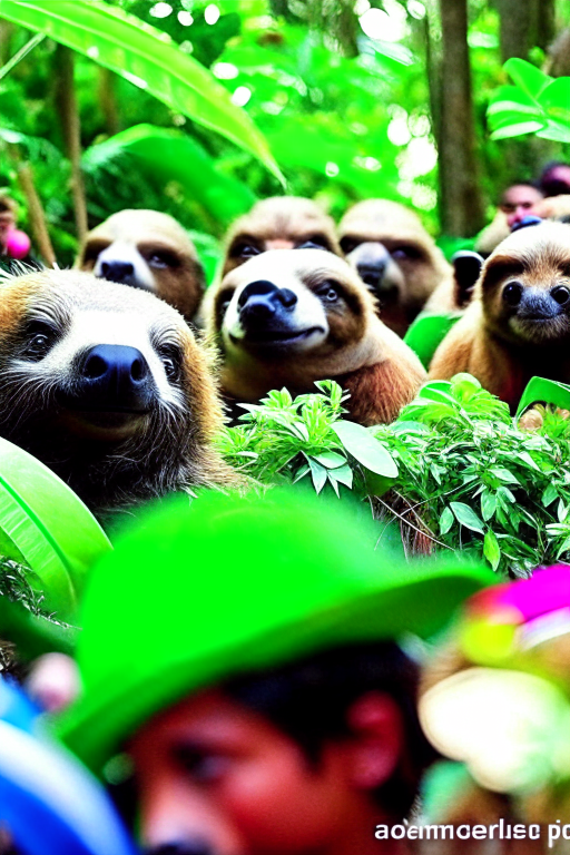 sloths hosting a 'slowest race in the rainforest' competition, with spectators taking bets on the winner. 