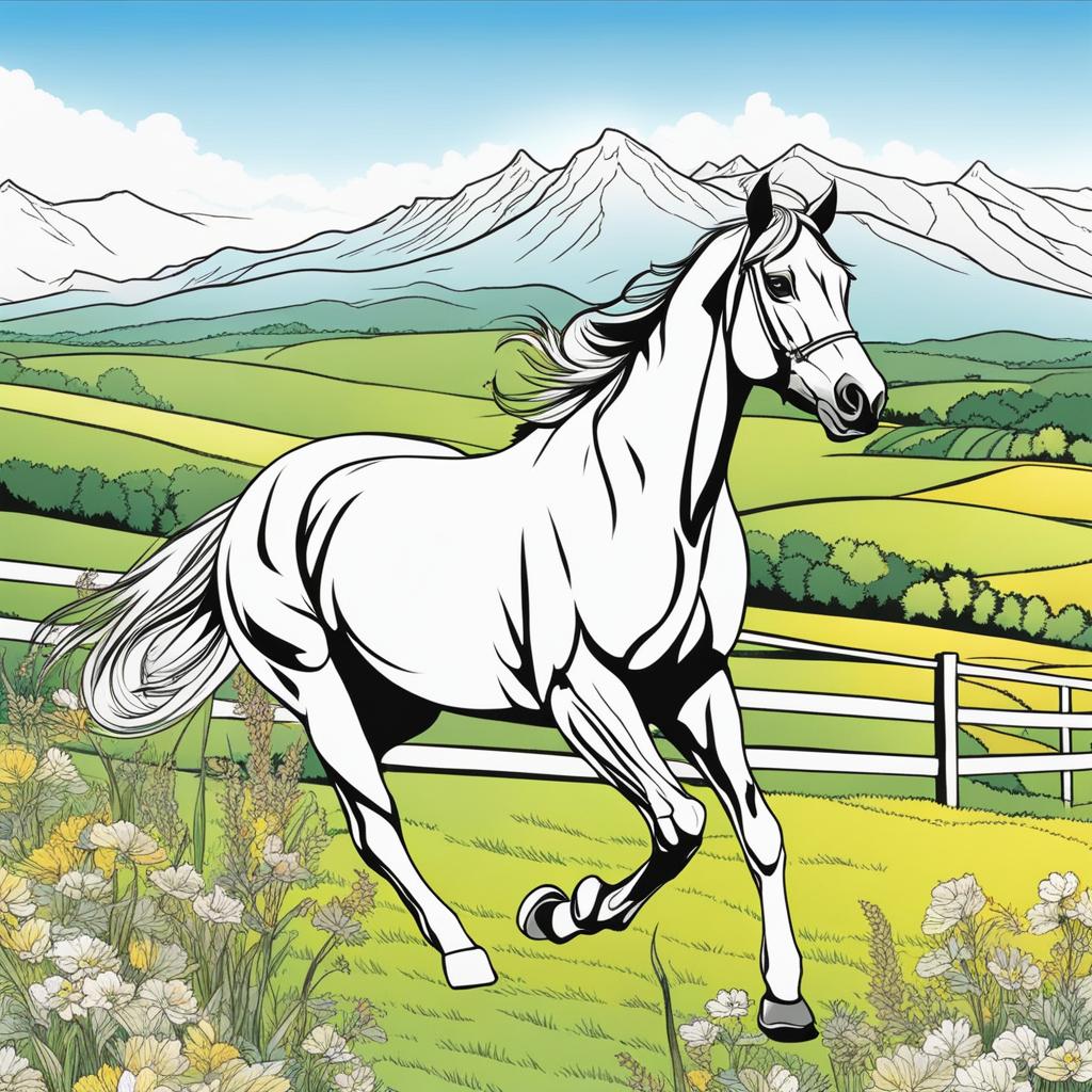 horse coloring pages - horses gallop through a picturesque valley in the countryside. 