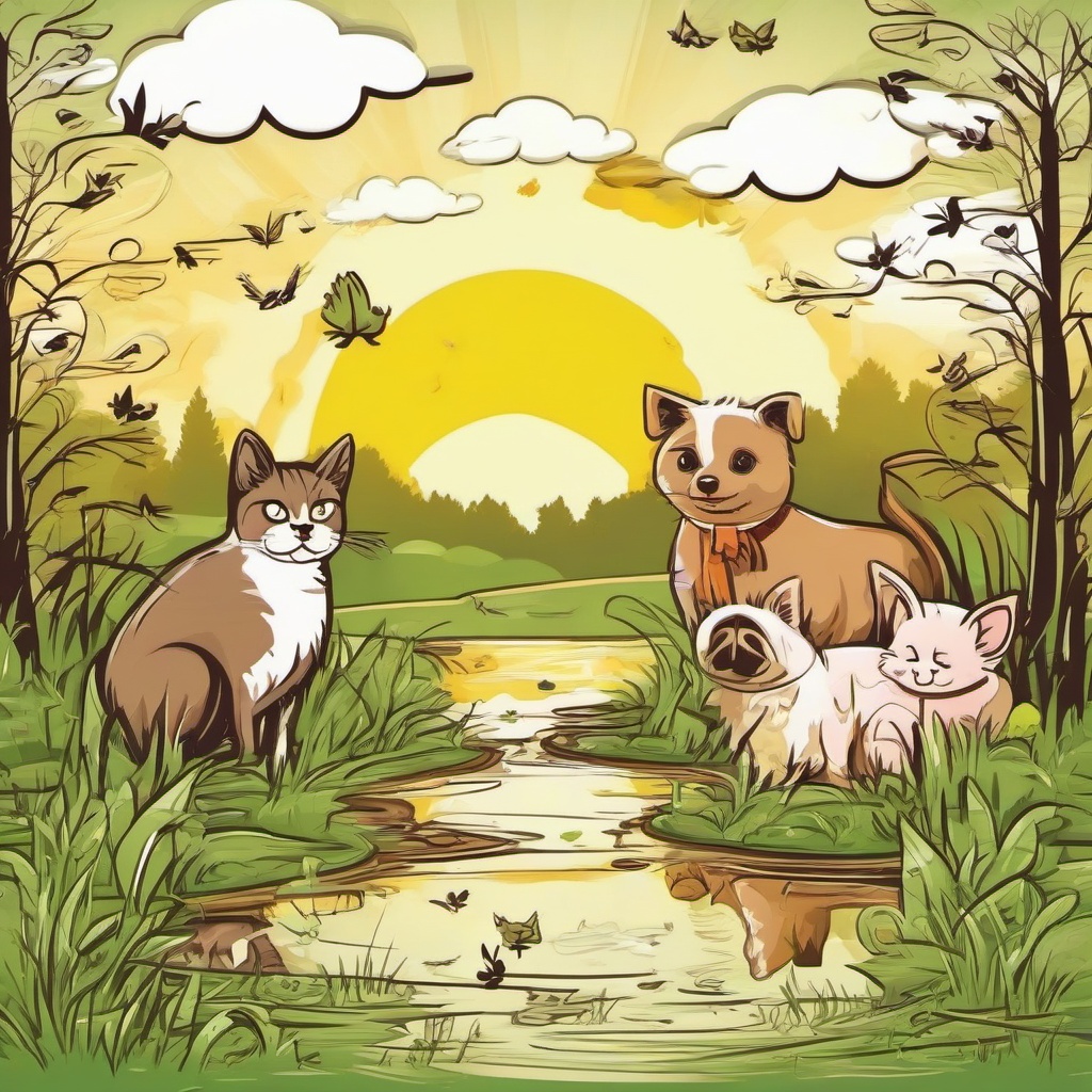 a grassy background with a hen a cat a dog a pig a muddy puddle the sun and a log
  , vector illustration, clipart