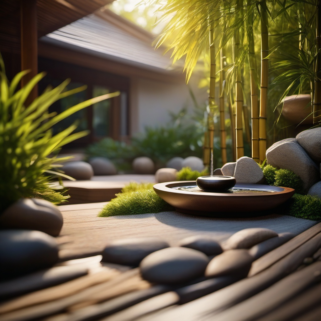 Zen Garden Patio - Zen-inspired garden patio with bamboo accents and a soothing water feature. realistic, professional photography, bokeh, natural lighting, canon lens, shot on dslr 64 megapixels sharp focus