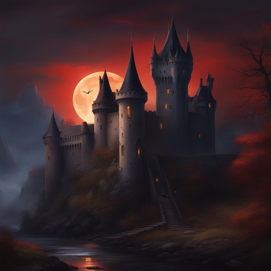 cursed vampire castle - paint a castle ruled by a cursed vampire, where darkness and intrigue reign. 