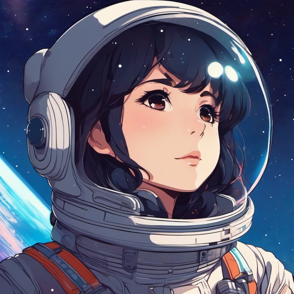 Brave anime astronaut in outer space.  front facing ,centered portrait shot, cute anime color style, pfp, full face visible