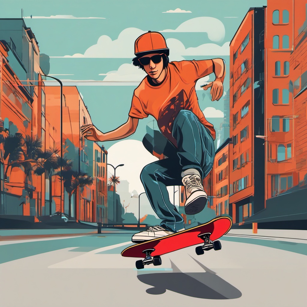 Street Skateboarding Clipart - A skateboarder performing tricks in an urban environment.  color vector clipart, minimal style