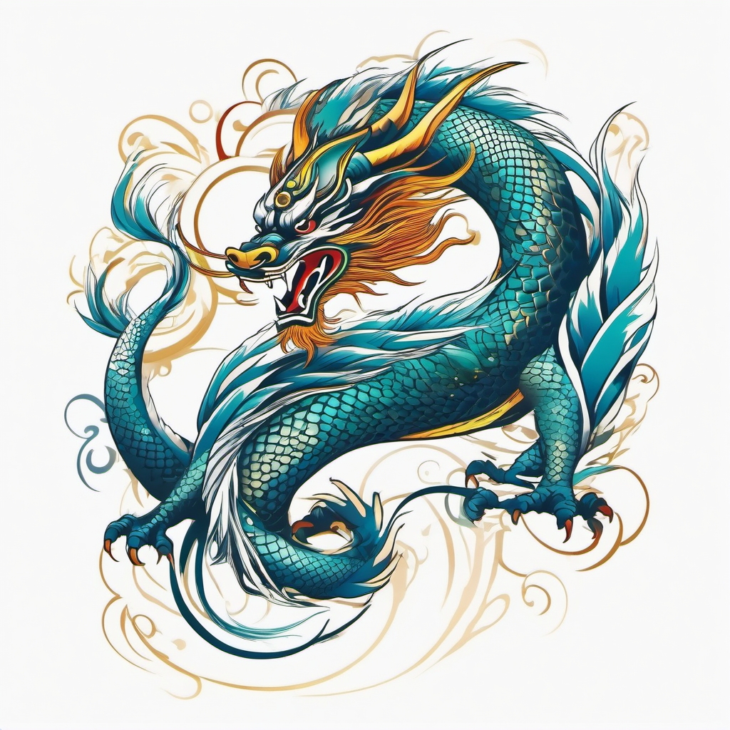 Chinese dragon tattoo: A majestic dragon in flight, symbolizing power, wisdom, and good fortune.  color tattoo style, minimalist, white background