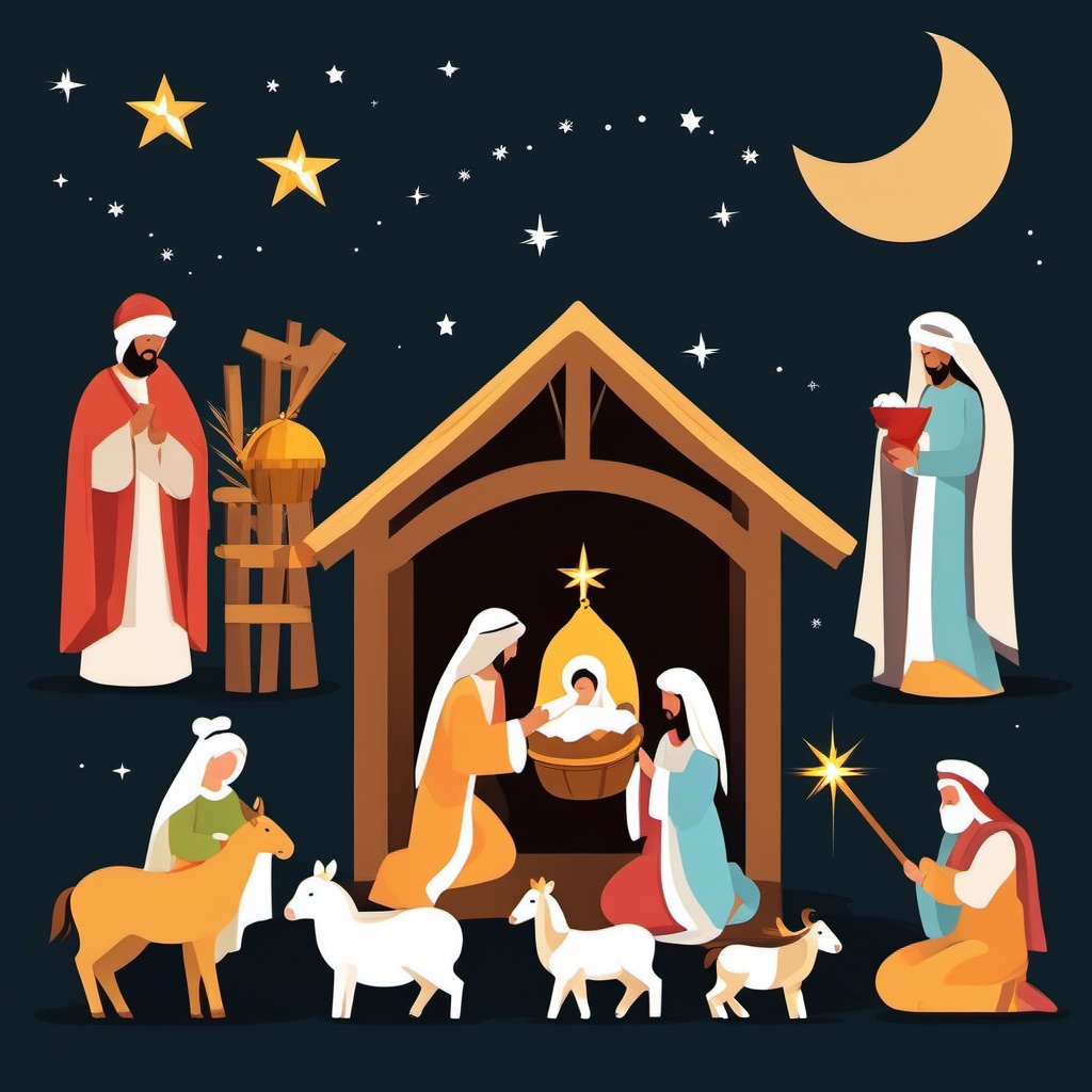 Christmas nativity scene clipart, A detailed and traditional nativity scene illustration.  simple, 2d flat