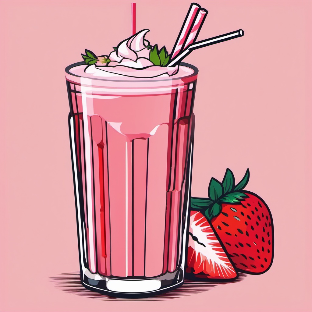 Strawberry Milkshake Clipart - A tall glass of strawberry milkshake with a straw.  color vector clipart, minimal style